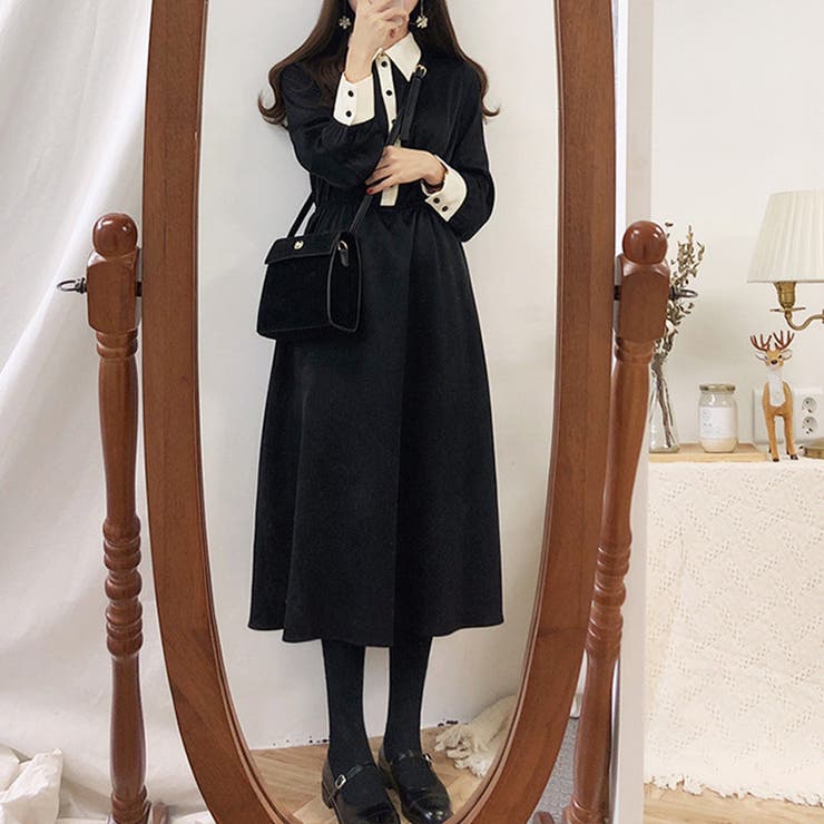 【韓国ファッション】 長袖 ドレス ワンピース ひざ下 アンドカワイイ And Kawaii ワンピース 長袖 レトロ風 ミモレ丈