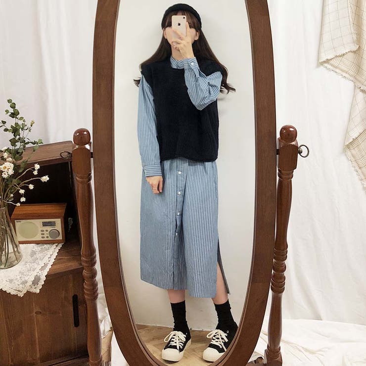 シャツ ワンピース ニット ベスト 2点セット ストライプ 長袖 シャツ ワンピース ニット ベスト 2点セット ストライプ 長袖