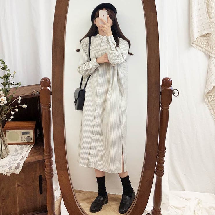 シャツ ワンピース ニット ベスト 2点セット ストライプ 長袖