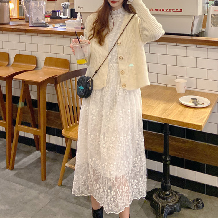 レース ワンピース 長袖 フリル 膝下 膝下 ウエスト ガーリー