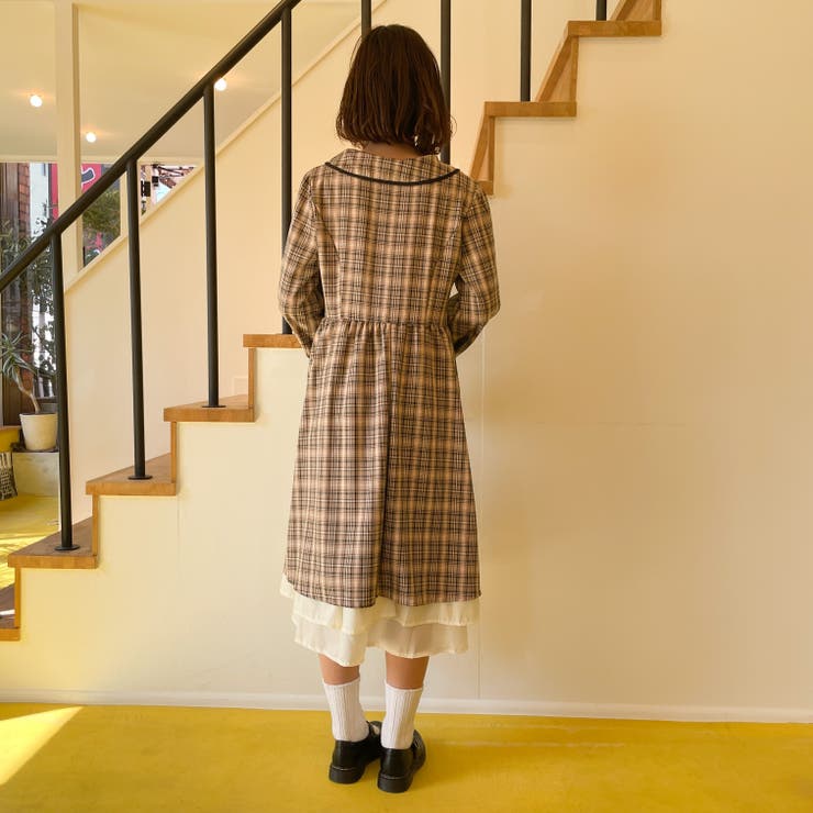 チェック ワンピース 長袖 ロング フリル リボン 襟付き