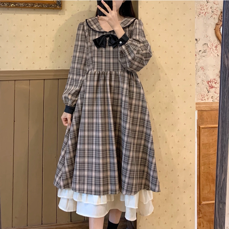 楽天 ワンピース チェック 長袖 襟付き リボン フリル ロング ワンピース