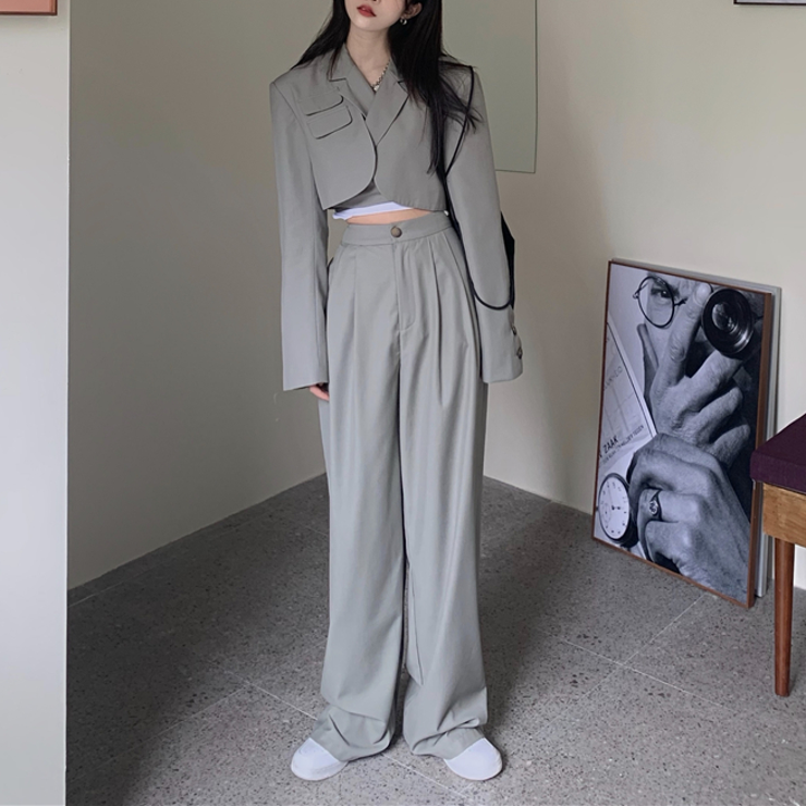 セットアップ 長袖 ショートジャケット ワイドパンツ 韓国 セットアップ 2点セット ショート ジャケット ワイド パンツ