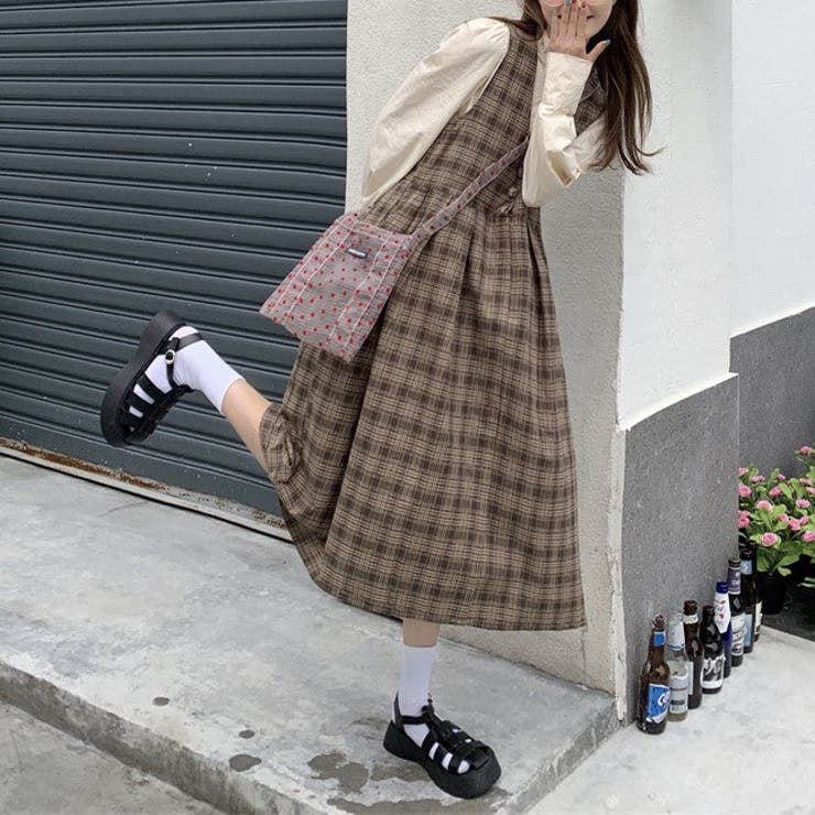 韓国 2点セット チェック柄 ジャンスカ ブラウス フリルネック aba16568ae41e986096313bfb59bfa
