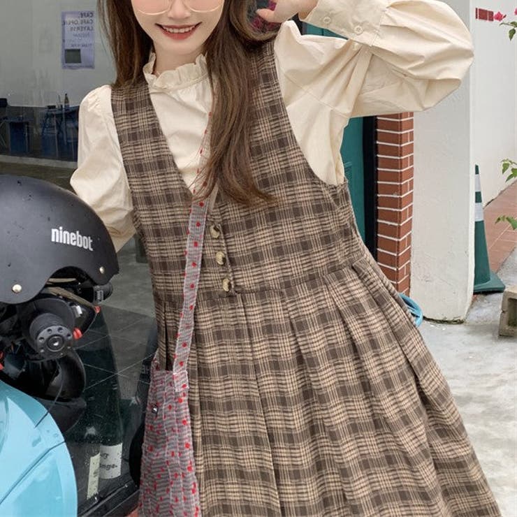 韓国 2点セット チェック柄 ジャンスカ ブラウス フリルネック セットアップ 2点セット ブラウス ジャンパースカート チェック