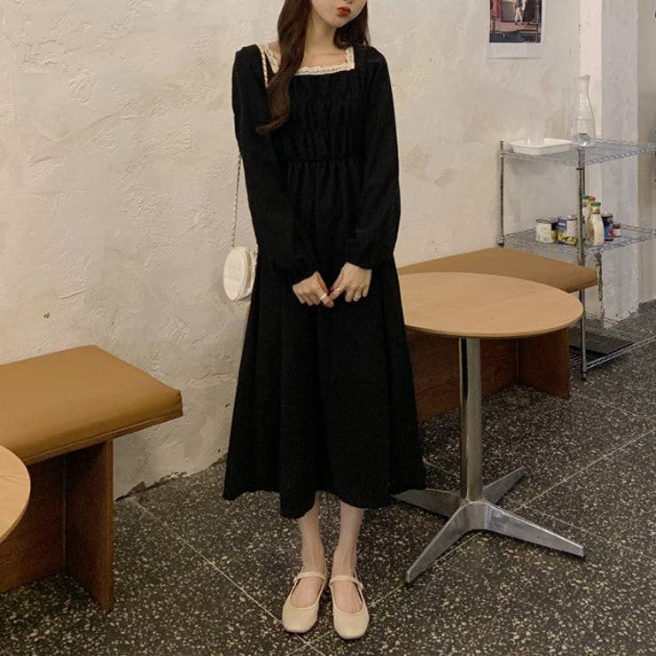 ワンピース 長袖 スクエアネック ロング シャーリング レース