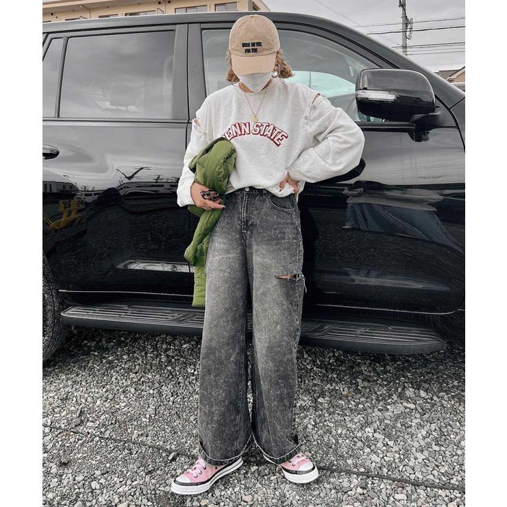 ハイウエストカットデザインルーズデニムパンツ[品番
