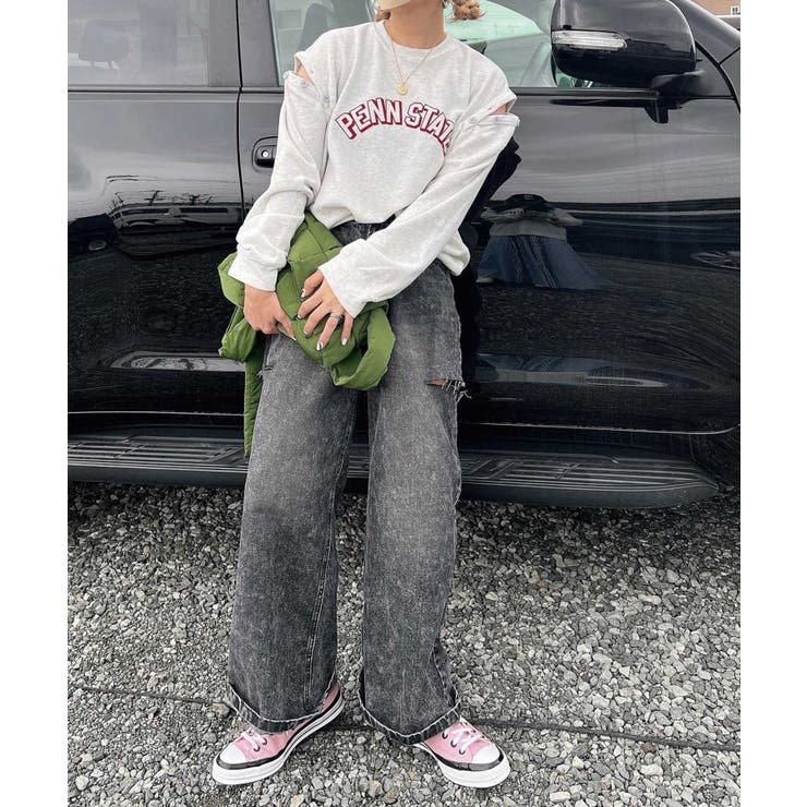 ハイウエストカットデザインルーズデニムパンツ[品番