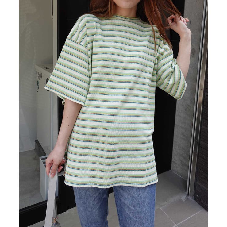 マツオインターナショナル パワーネット ドット柄 シアー イタリア製 マルチカラーボーダーワッフルオーバーサイズTシャツ[品番