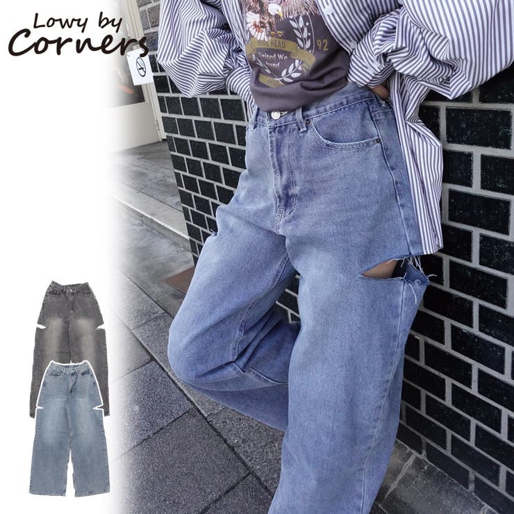 ハイウエストカットデザインルーズデニムパンツ[品番