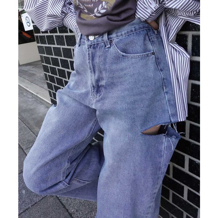 ハイウエストカットデザインルーズデニムパンツ[品番