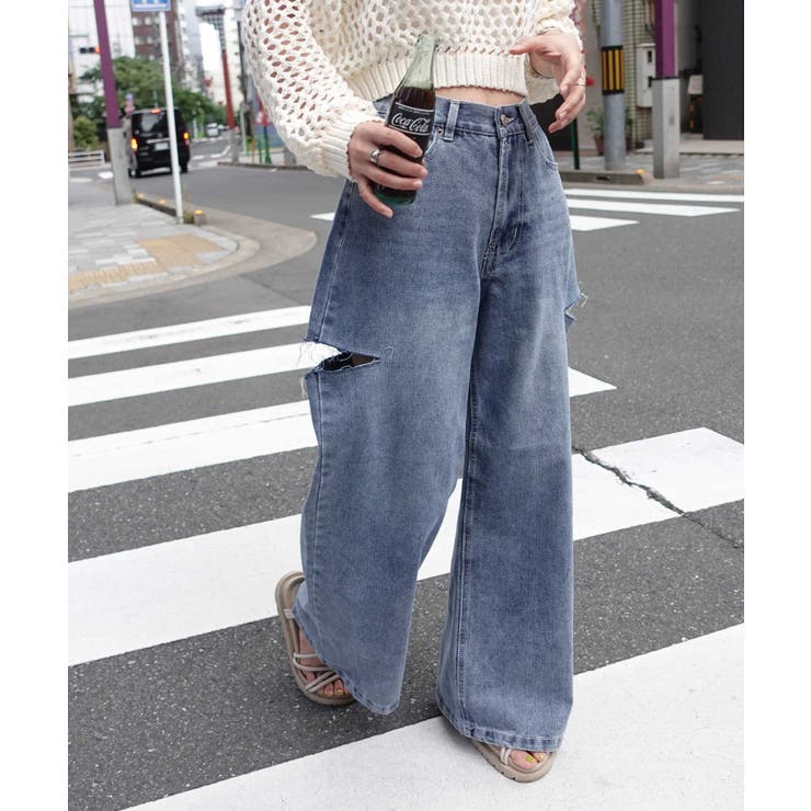 ハイウエストカットデザインルーズデニムパンツ[品番
