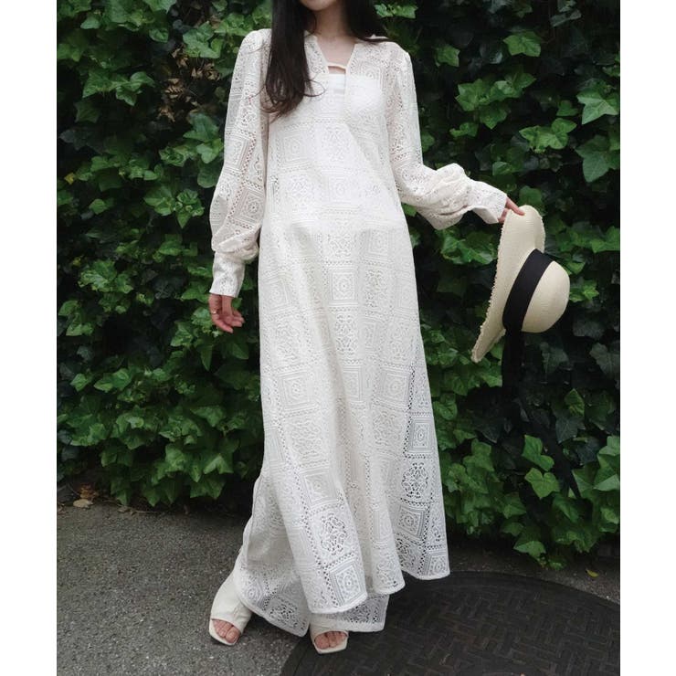 アイボリー | ブロックレースボリュームスリーブスリットワンピース【セットアップ可能】 | CORNERS 