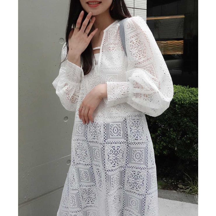 ブロックレースボリュームスリーブスリットワンピース【セットアップ可能】 | CORNERS  | 詳細画像13 