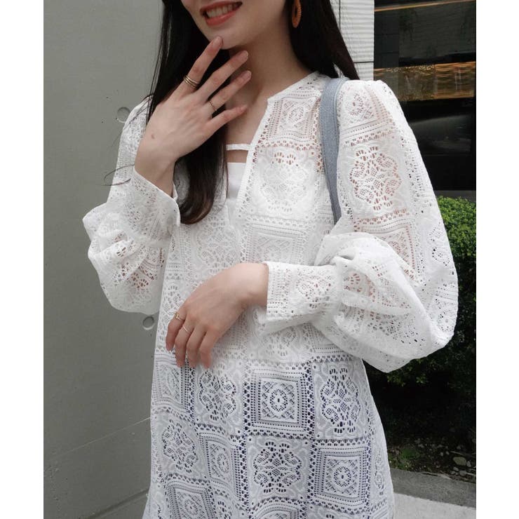 ブロックレースボリュームスリーブスリットワンピース【セットアップ可能】 | CORNERS  | 詳細画像14 