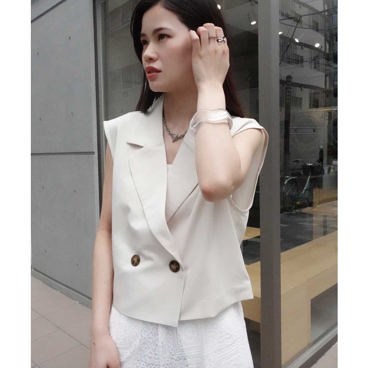 【HUECLOSET】★送料・関税込★レースクロップドベスト コントラストパイピングクロップド丈ニットセーター - ブラウン