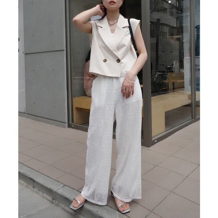 【HUECLOSET】★送料・関税込★レースクロップドベスト コントラストパイピングクロップド丈ニットセーター - ブラウン