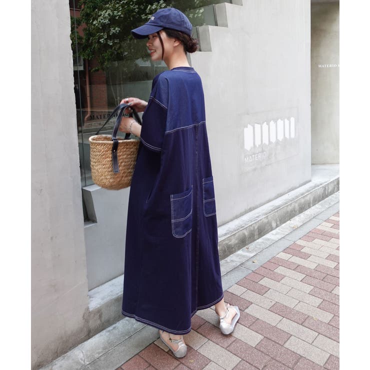 配色ステッチオーバーサイズ半袖Tシャツワンピース[品番