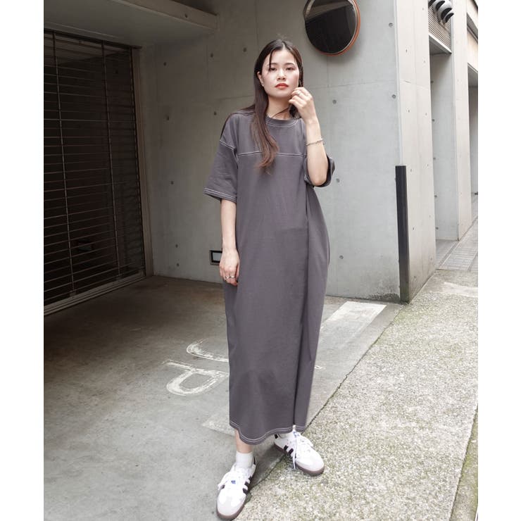 配色ステッチオーバーサイズ半袖Tシャツワンピース[品番