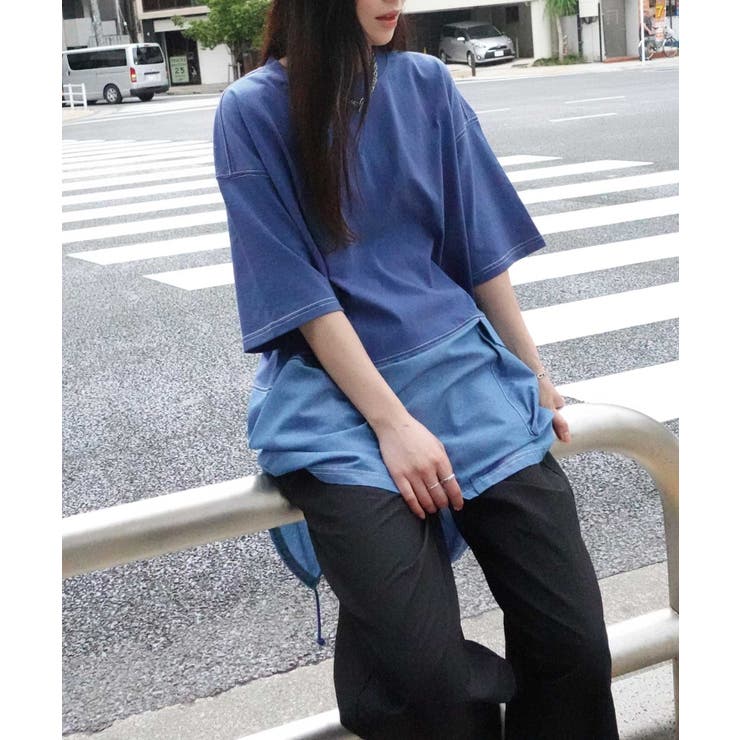 デニム切り替えオーバーサイズチュニックTシャツ[品番