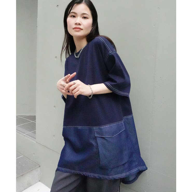 デニム切り替えオーバーサイズチュニックTシャツ[品番