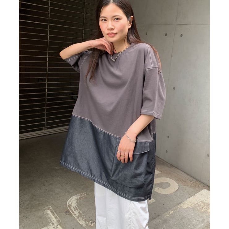 デニム切り替えオーバーサイズチュニックTシャツ[品番