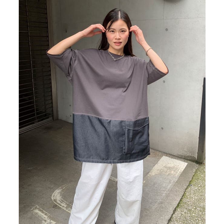 デニム切り替えオーバーサイズチュニックTシャツ[品番
