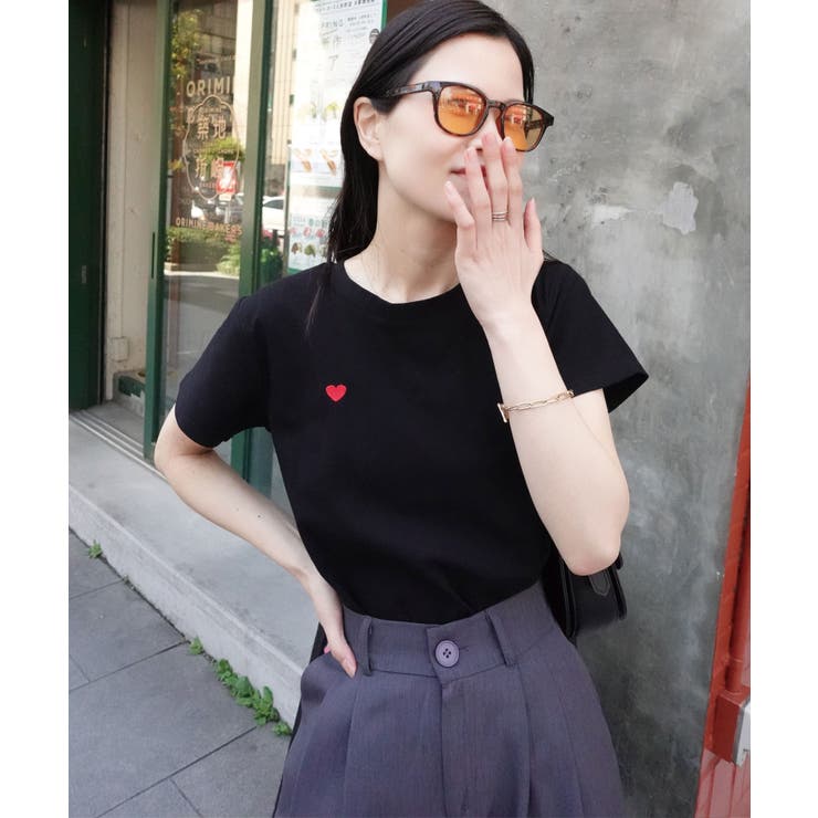 黒 Tシャツ 赤いハート刺繍 T-GRAPHICS ハート刺繍Tシャツ レディース
