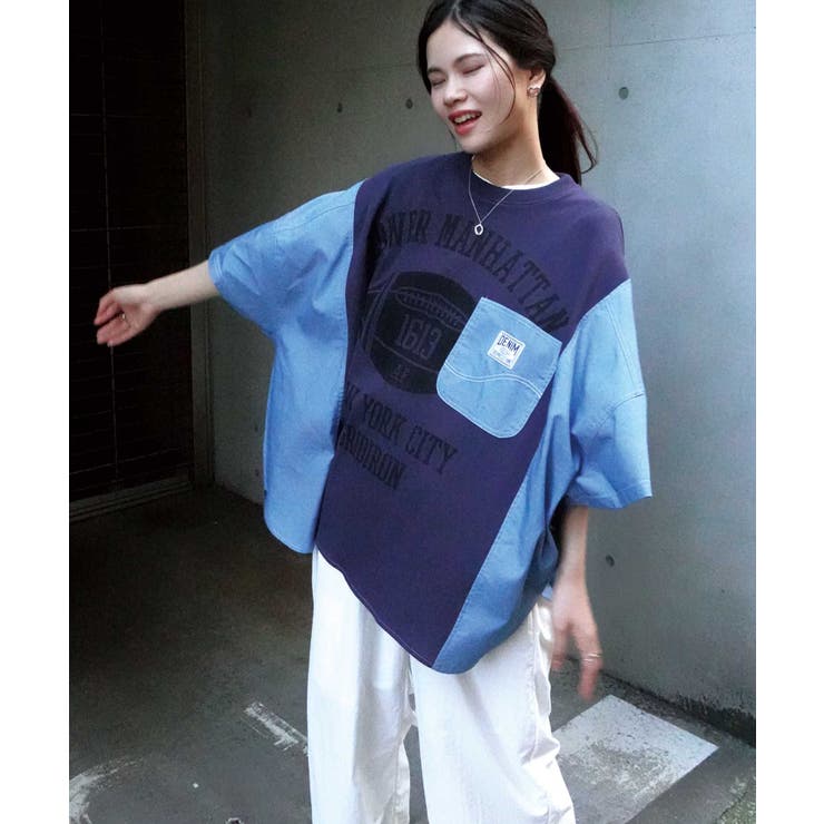 デニムドッキングカレッジロゴオーバーサイズTシャツ[品番