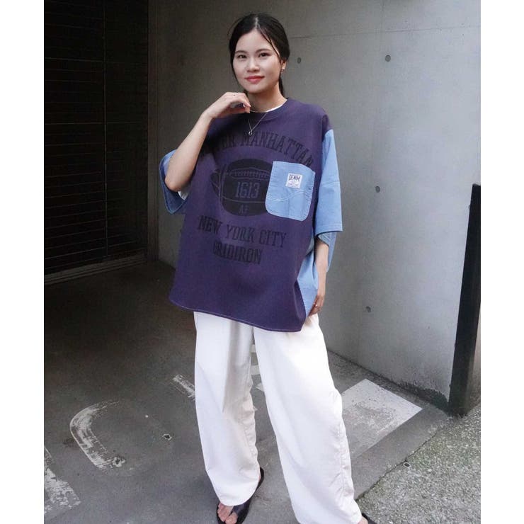 デニムドッキングカレッジロゴオーバーサイズTシャツ[品番