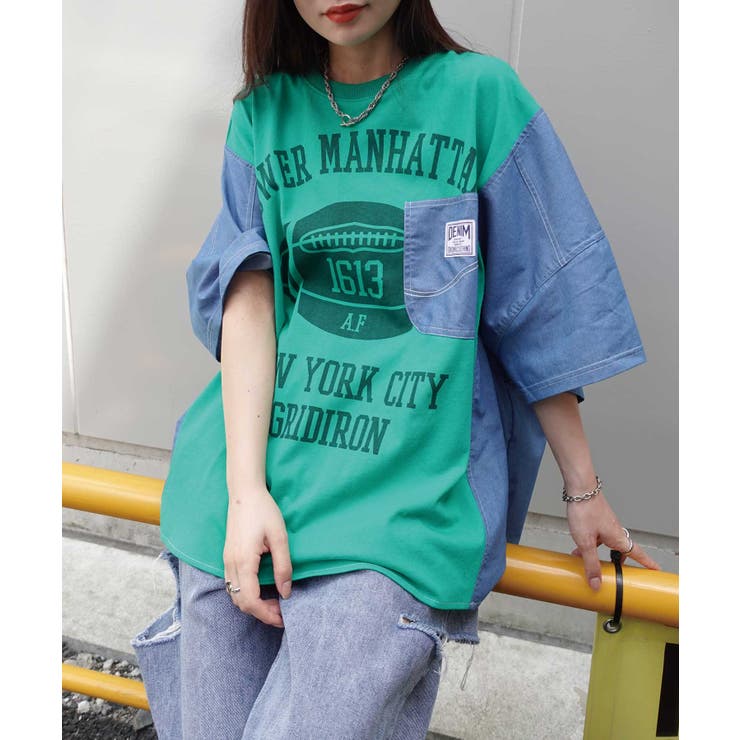 デニムドッキングカレッジロゴオーバーサイズTシャツ[品番