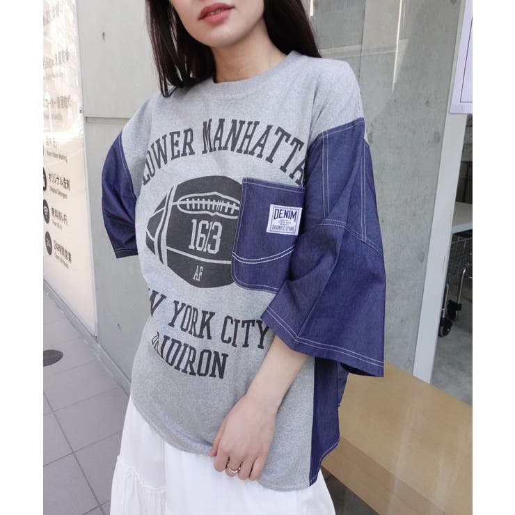 デニムドッキングカレッジロゴオーバーサイズTシャツ[品番