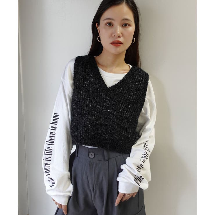 宅配 極美品✨a3505【ブラック&ホワイト】ニットベスト ビジュー バイ レディースウェア