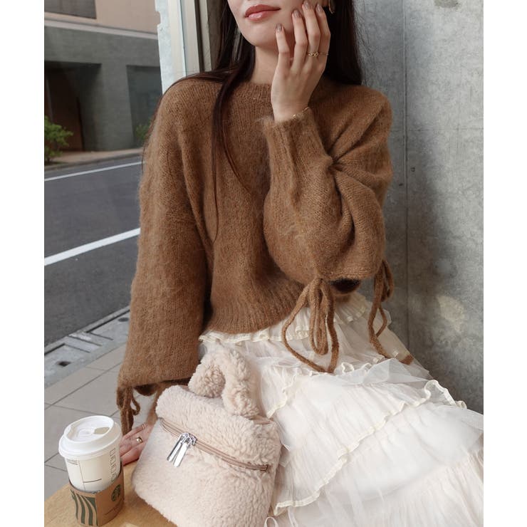 ベージュ | 袖リボン起毛シャギーショートニット | CORNERS 