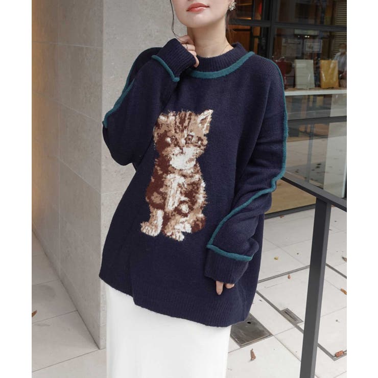 ジャガード編みねこパイピングニット ニット セーター ねこ ネコ