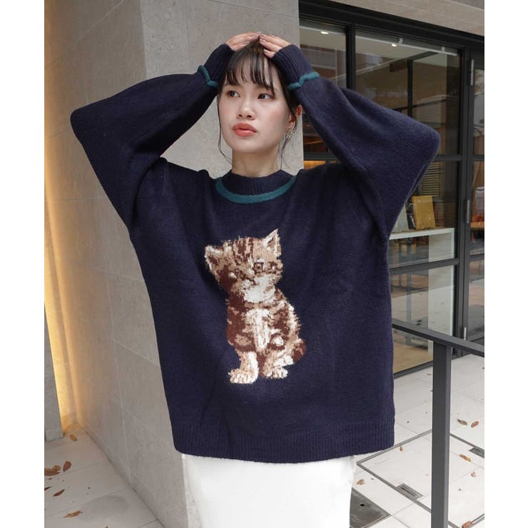 ジャガード編みねこパイピングニット ニット セーター ねこ ネコ