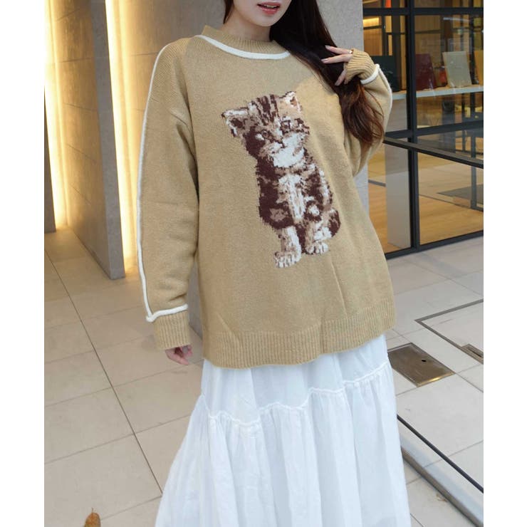 ジャガード編みねこパイピングニット ニット セーター ねこ ネコ