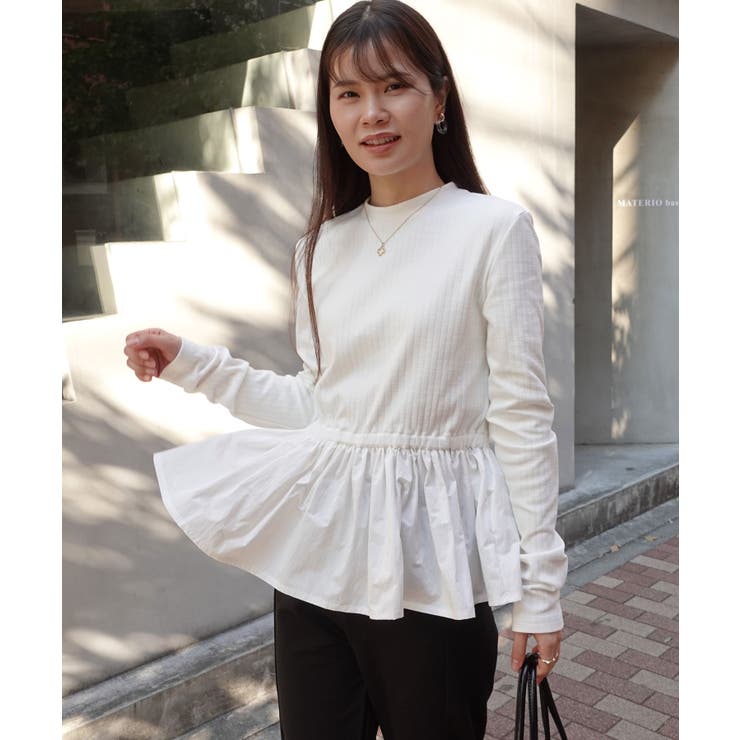 ホワイト | ワイドリブ×ナイロンタフタペプラムトップス | CORNERS 