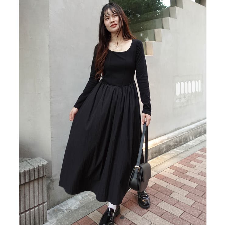 美品★THE ROW★キーネック★ 異素材★ストレート★ワンピース セール】 【きれいめ/日本製】キーネックナローワンピース