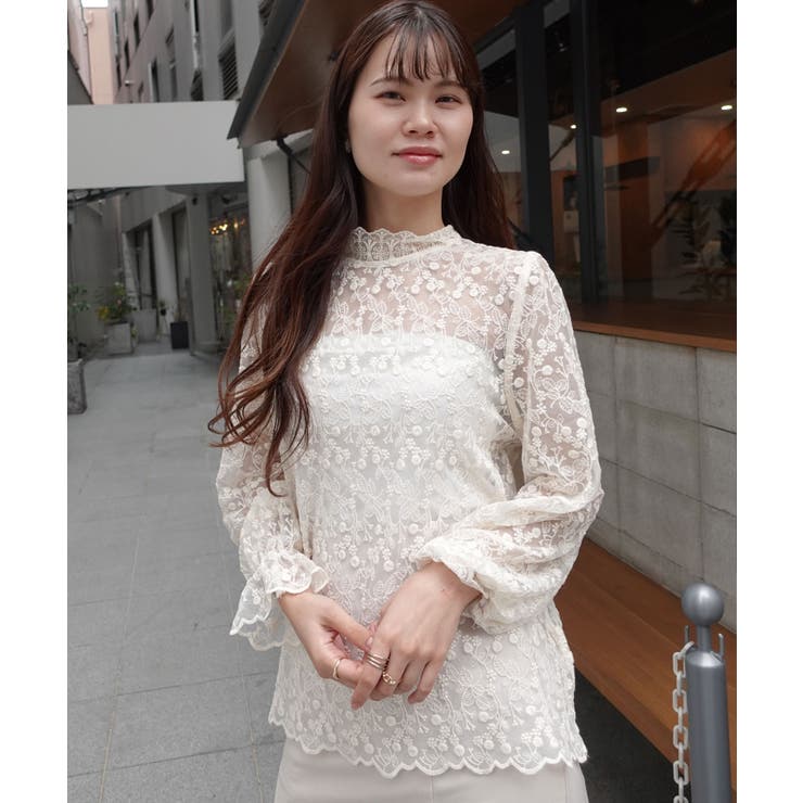 刺繍レースハイネックトップス パーティ 二次会 謝恩会 オケージョン