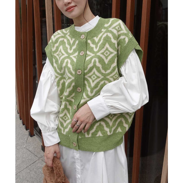 グリーン | 幾何学柄2wayニットベスト | CORNERS 