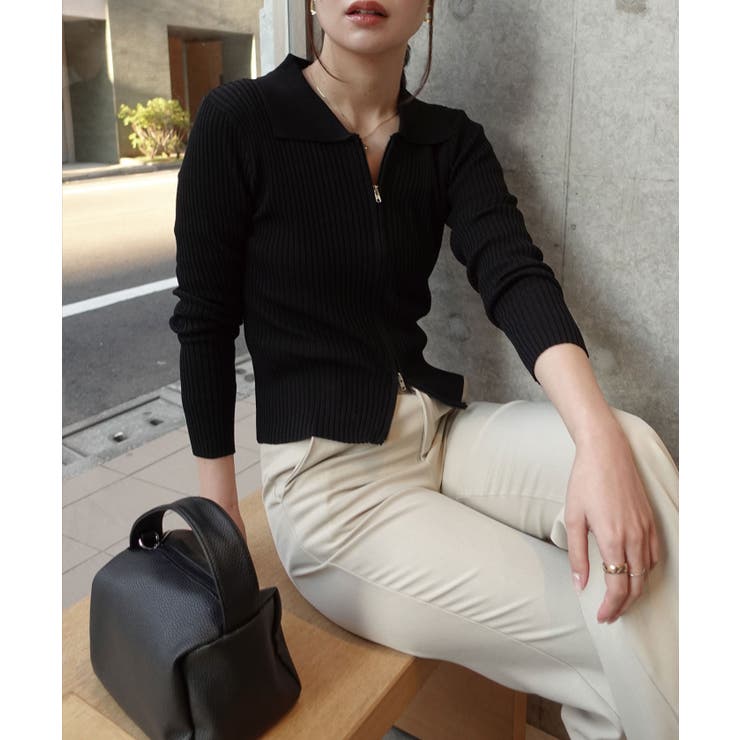 ブラック | ダブルジップリブポロニットカーディガン | CORNERS 