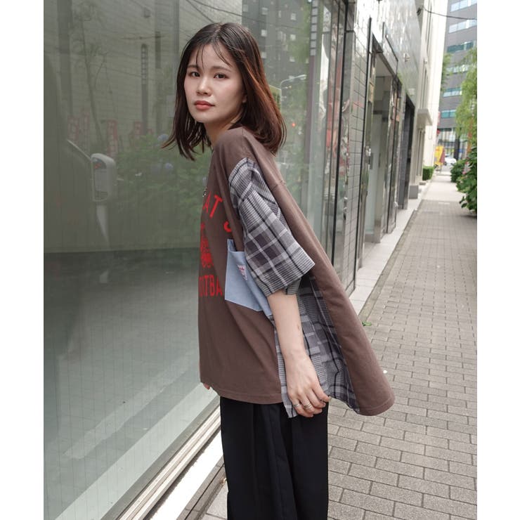 tシャツ アーミーリブ チェック ドッキングTシャツ/チェック柄切替Tシャツ レディース kutir tシャツ チェックドッキングフリルリボンTシャツ