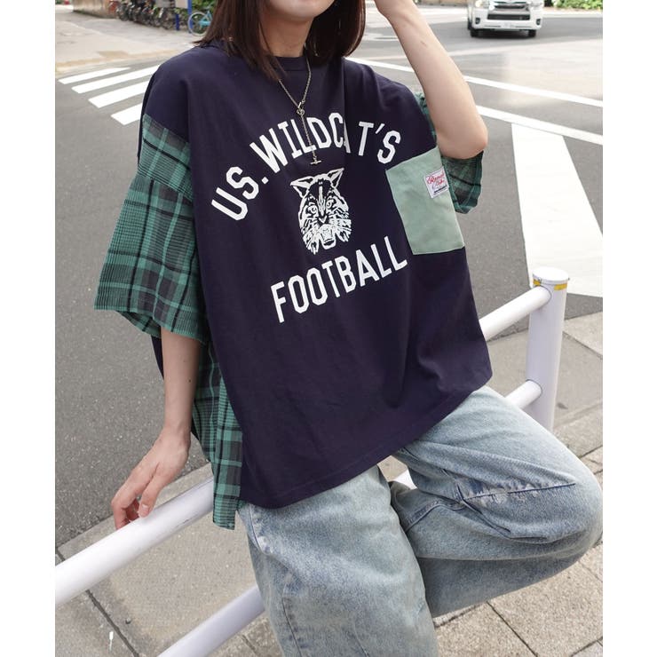tシャツ アーミーリブ チェック ドッキングTシャツ/チェック柄切替Tシャツ レディース kutir tシャツ チェックドッキングフリルリボンTシャツ