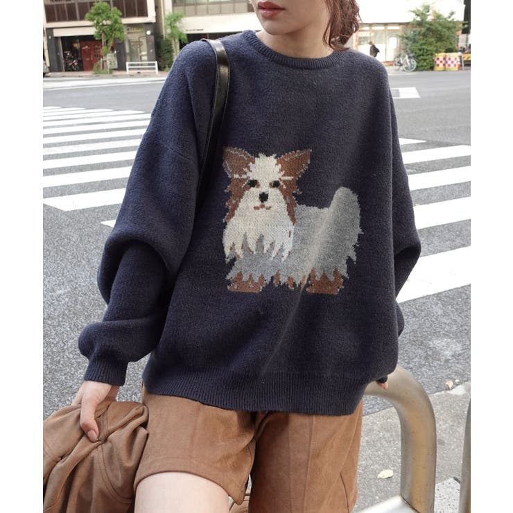 ネイビー | DOG柄ジャガードニットプルオーバー | CORNERS 