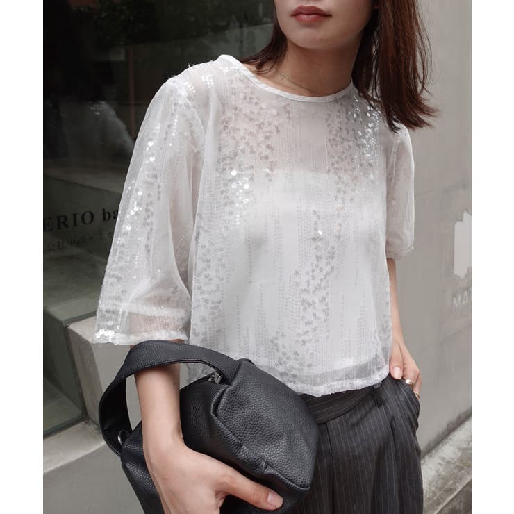 ホワイト | スパンコール付きチュールレーストップス | CORNERS 