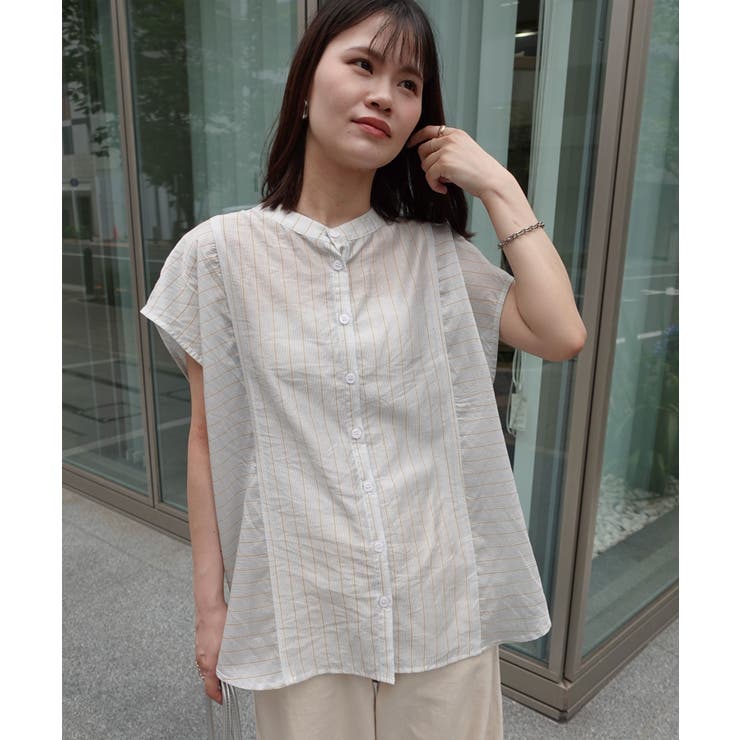 tシャツ シアーストライプチェック フレンチスリーブ バンドカラー カットソー レディース ストライプフレンチスリーブシアーシャツ[品番：TRIW0004123