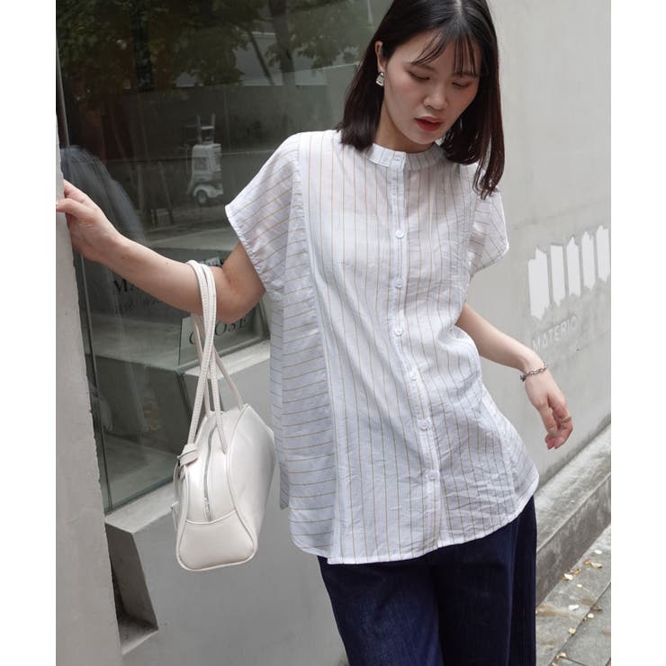 tシャツ シアーストライプチェック フレンチスリーブ バンドカラー カットソー レディース FREAK'S STORE/ストライプ切替 フレンチスリーブTシャツ