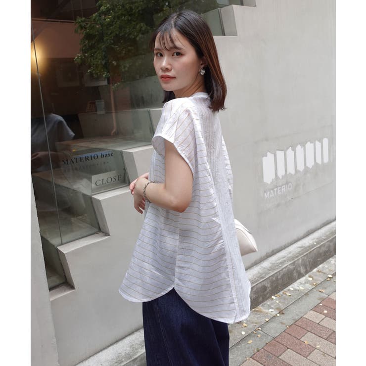 極美品 ドゥロワー シルク コットン シアーストライプブラウス フレンチスリーブ 極美品 ドゥロワー シルク コットン シアーストライプブラウス