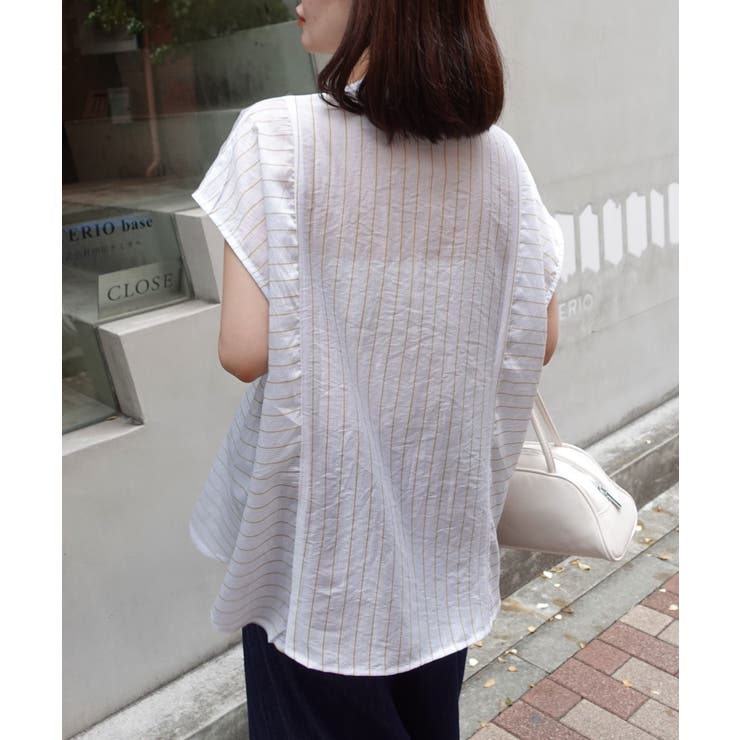 tシャツ シアーストライプチェック フレンチスリーブ バンドカラー カットソー レディース ストライプフレンチスリーブシアーシャツ[品番：TRIW0004123